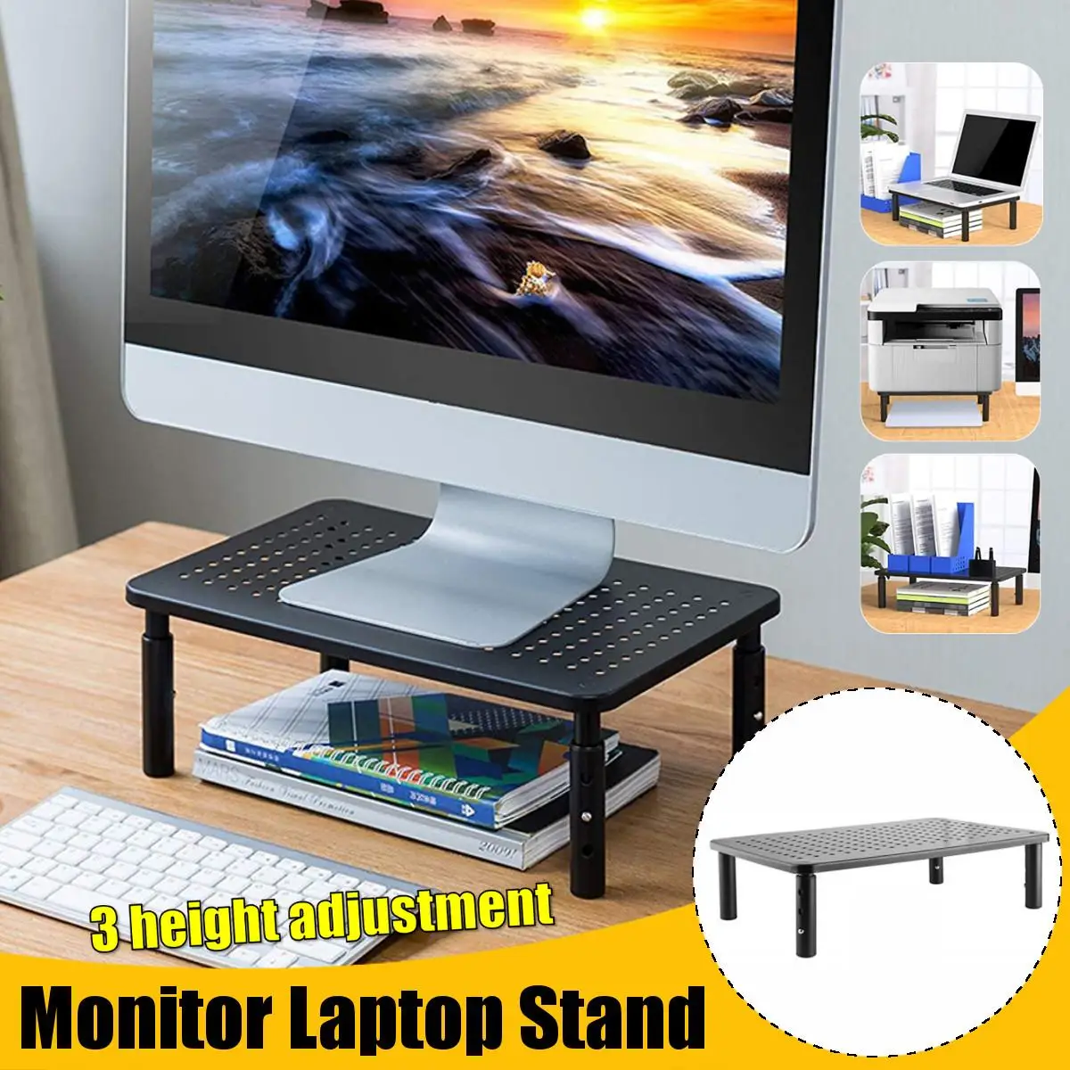 3 Nivele Inaltime Reglabil Monitor Stand Montant pentru Calculator, Laptop, Imprimanta Notebook-uri și monitoare cu Ventilat Metal Platfor