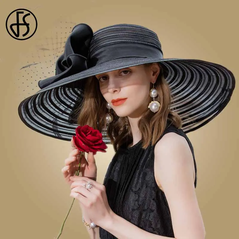 FS Negru Margine Largă de Pălării Pentru Femei Elegante Nunta Mare Alb Pălărie Cu Pene Kentucky Derby Pălărie Mare Arc Doamnelor Biserica Pălării