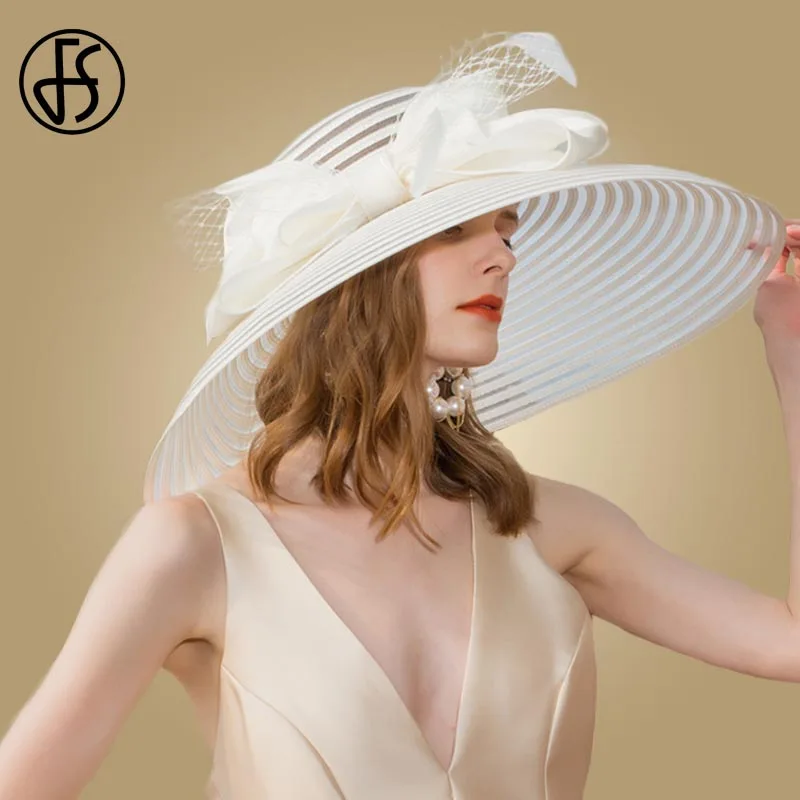FS Negru Margine Largă de Pălării Pentru Femei Elegante Nunta Mare Alb Pălărie Cu Pene Kentucky Derby Pălărie Mare Arc Doamnelor Biserica Pălării