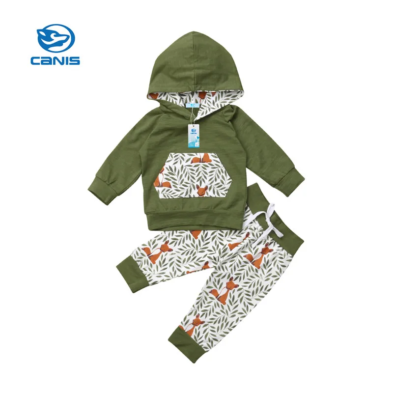 CANIS Bebe 2 buc Nou-născut Copii Baby Boy Florale de Desene animate Vulpea cu Glugă Topuri Pantaloni Jambiere Tinutele Set Haine Bebe de Îmbrăcăminte pentru Băieți 2 buc