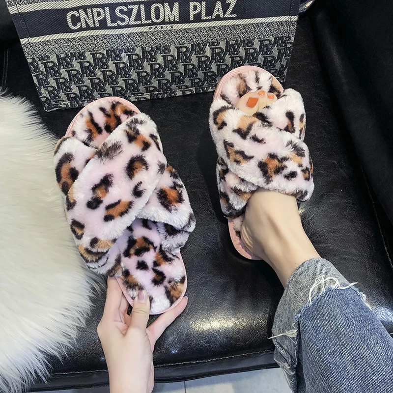 Femei Leopard Papuci De Casă, Blana De Iarna Cald Pufos Acasă Tobogane De Pantofi De Moda Cross Non Alunecare Plat Femeile Dormitor Papuci De Interior