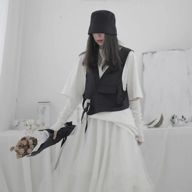 XITAO Cordon Negru Vesta de Moda Noua 2020 Primăvară fără Mâneci, Buzunar Zeita Fan Stil Casual Elegant Plisata Vesta Sus ZLL4884