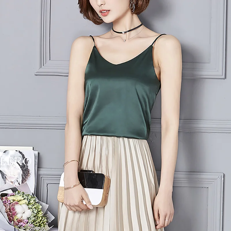 Stil coreean din Satin Femei Rezervor de Top Căpăstru Sexy V-neck Alb Verde Roz Doamnelor Topuri cu Bretele W785