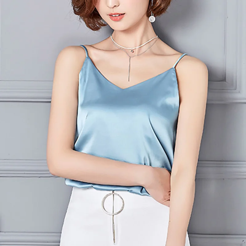 Stil coreean din Satin Femei Rezervor de Top Căpăstru Sexy V-neck Alb Verde Roz Doamnelor Topuri cu Bretele W785