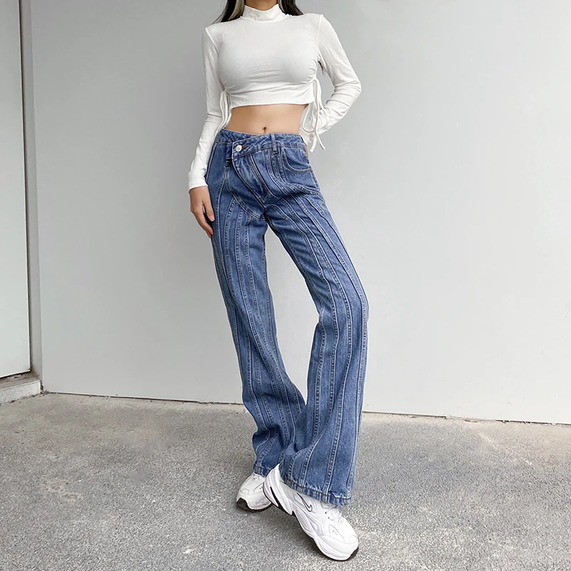 Weekeep Cu Nervuri Vintage Plisata Blugi De Moda Pentru Femei Mozaic Neregulat Scăzut Talie Slim Straight Blugi Pantaloni Lungi De Primăvară 2021