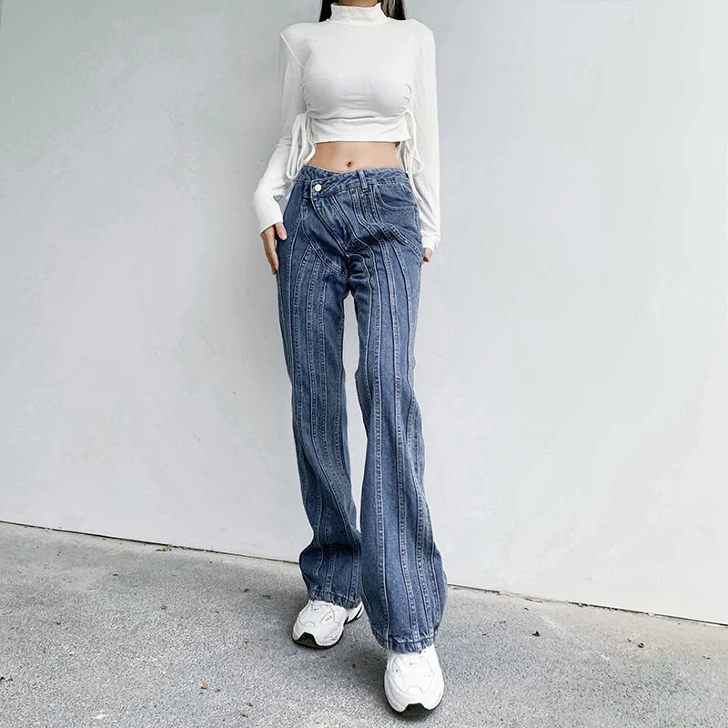 Weekeep Cu Nervuri Vintage Plisata Blugi De Moda Pentru Femei Mozaic Neregulat Scăzut Talie Slim Straight Blugi Pantaloni Lungi De Primăvară 2021