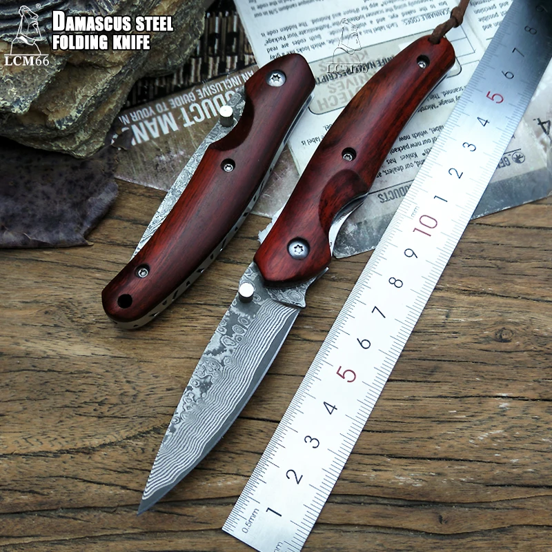 LCM66 Damasc Pliere cuțit lucrat Manual forjat cuțit de vânătoare 59HRC Lemn de Santal Portabil, cu mâner de cuțit de Instrumente în aer liber Cuțit EDC