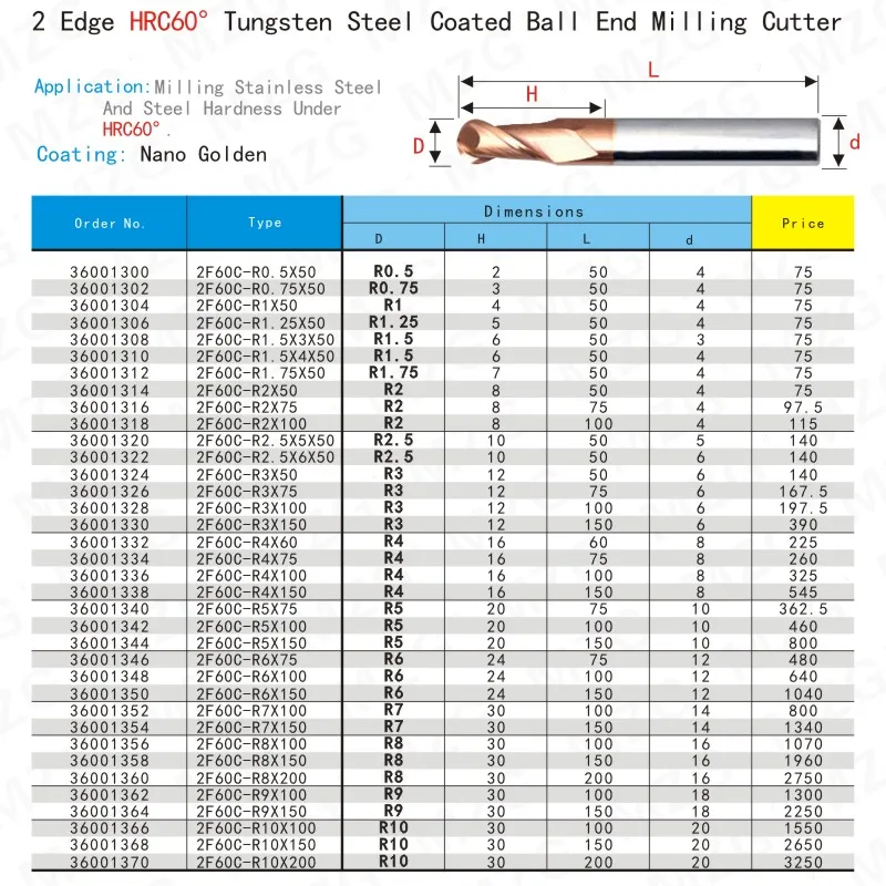 MZG 2 Flaut Tăiere HRC60 1mm 2mm 3mm 4mm 6mm Frezare Prelucrare Oțel de Tungsten Sprial freze Minge Nas End Mill