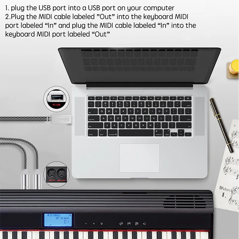 Cablu MIDI USB IN-OUT Converter, Profesional MIDI Interfață cu Indicator luminos, FTP Cip de Procesare, Coajă de Metal