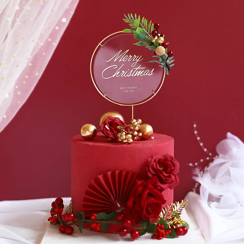Aur Acrilice Tort Fân Merry Christmas Cake Toppers Florale Tort Pavilion Decor Decoratiuni de Craciun pentru Casa Navidad 2020 Noel