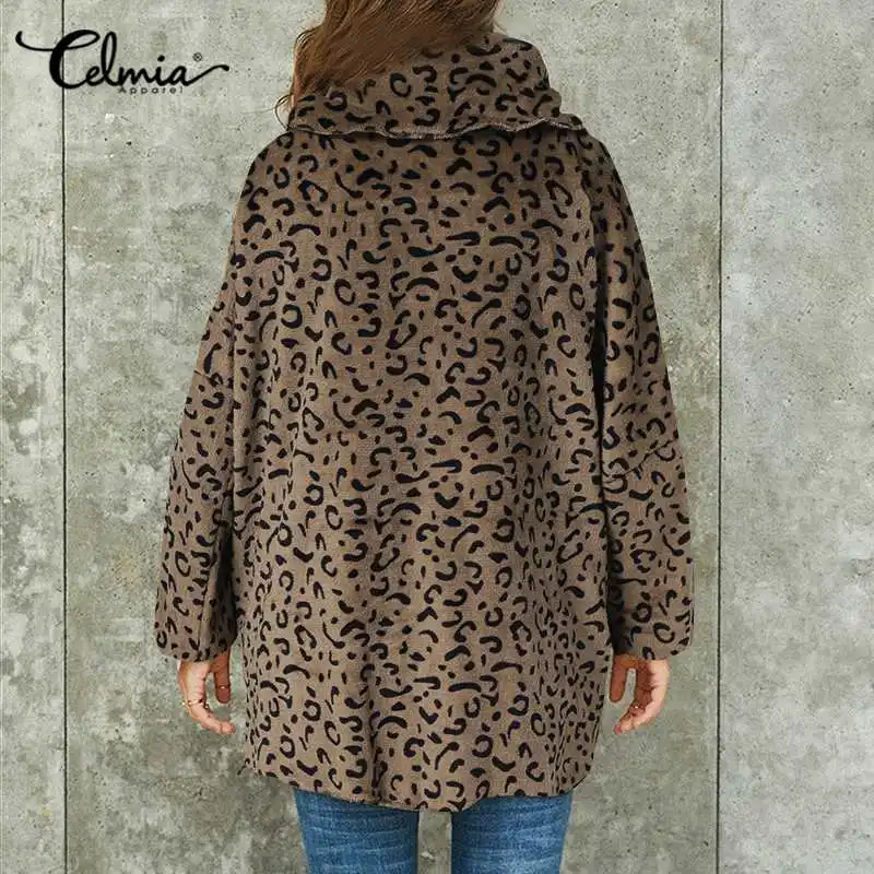2021 Celmia Femei de Iarnă Sexy Leopard Print Faux Blana Haina Asimetrice Cald Sacouri Casual cu Maneci Lungi de Pluș Liber Jachete S-5XL