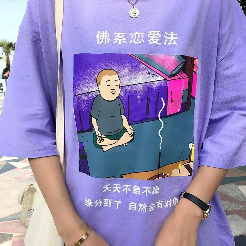 Casual De Vara Tricou Femei Amuzant Chineză Scrisoare Topuri Femei De Moda T-Shirt Mov Desene Animate Imprimate Topuri Supradimensionate