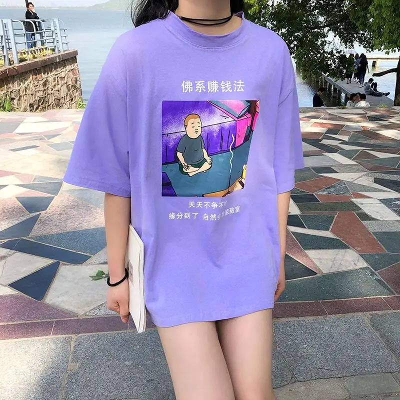 Casual De Vara Tricou Femei Amuzant Chineză Scrisoare Topuri Femei De Moda T-Shirt Mov Desene Animate Imprimate Topuri Supradimensionate
