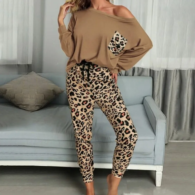 Leopard De Imprimare Pijamale De Mătase Pentru Femei 2020 Moda Toamna Cu Maneca Lunga O De Gât Pijamale Femei Haine De Acasă Pijamale Pijama