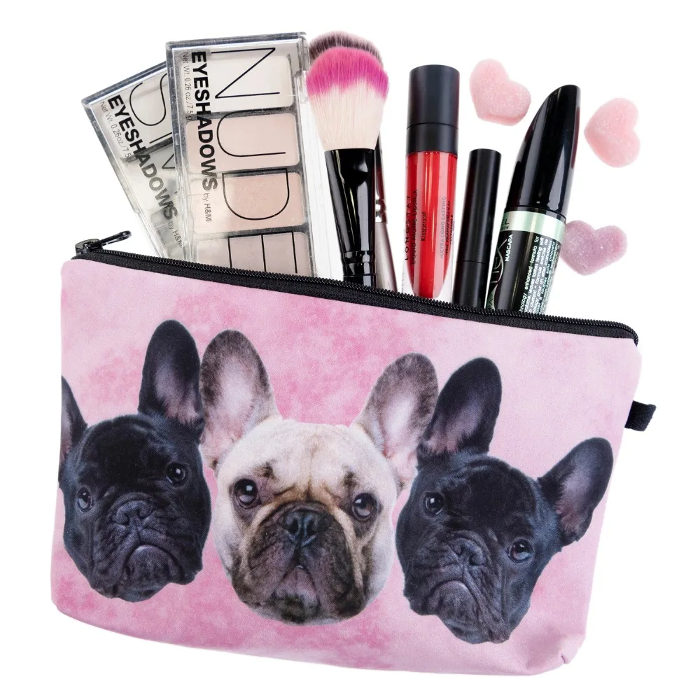 UOSC Bulldog Trio Roz de Imprimare 3D Machiaj Genti Femei Sac de Cosmetice Trousse Maquillage Femme Neceser Make up Bag Caz Creion