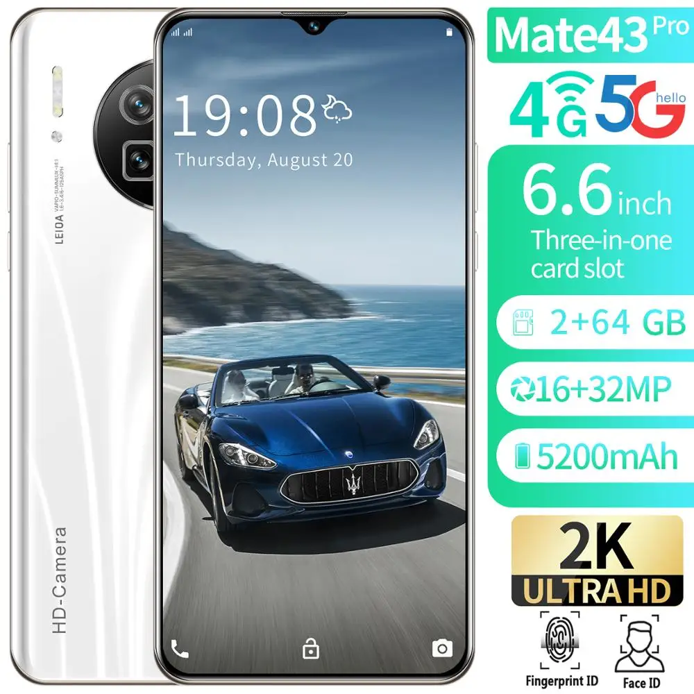 Mate43Pro Android 6.6-Inch Picurare Ecran Mare Telefon Inteligent Fierbinte Îndoit Sticlă Mată High-End Capac Spate + Fata Recunoaștere