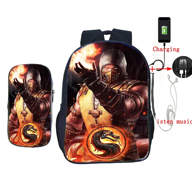 Scorpion Din Mortal Kombat X Masca 2 Buc/set Ghiozdan Adolescenti Copii Cosplay ghiozdane Oameni de zi cu Zi Laptop-ul USB de Încărcare Saci de Călătorie