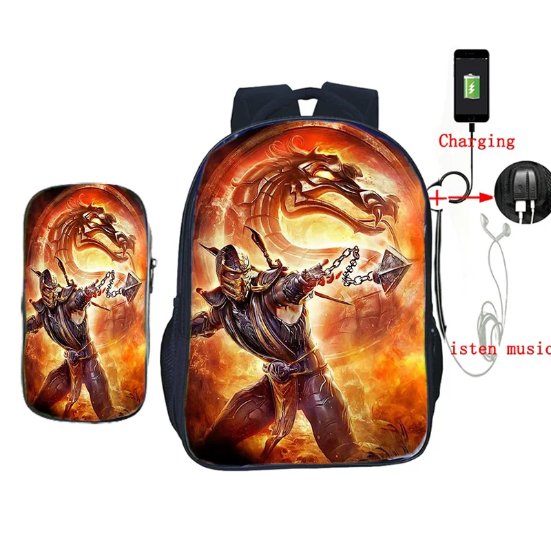 Scorpion Din Mortal Kombat X Masca 2 Buc/set Ghiozdan Adolescenti Copii Cosplay ghiozdane Oameni de zi cu Zi Laptop-ul USB de Încărcare Saci de Călătorie