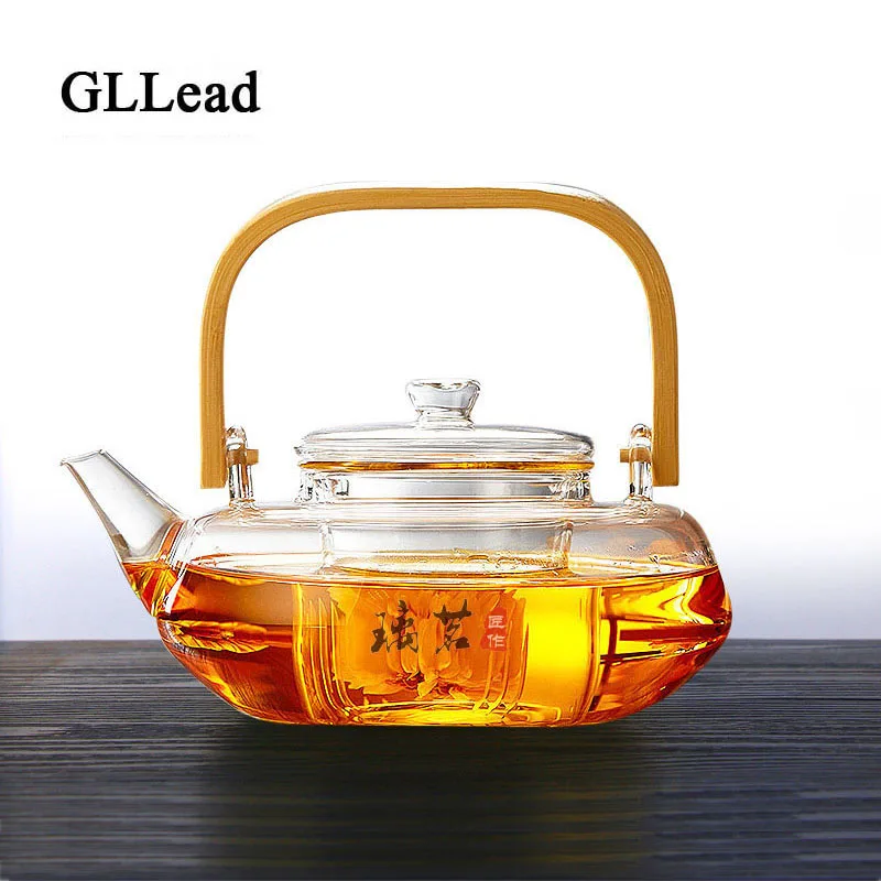 GLLead Moda 800ml Rezistente la Căldură de Sticlă Oală de Ceai de Flori de Ceai Puer Fierbător Creative Mâner de Bambus Ceainic de Sticlă Cu Infuzor