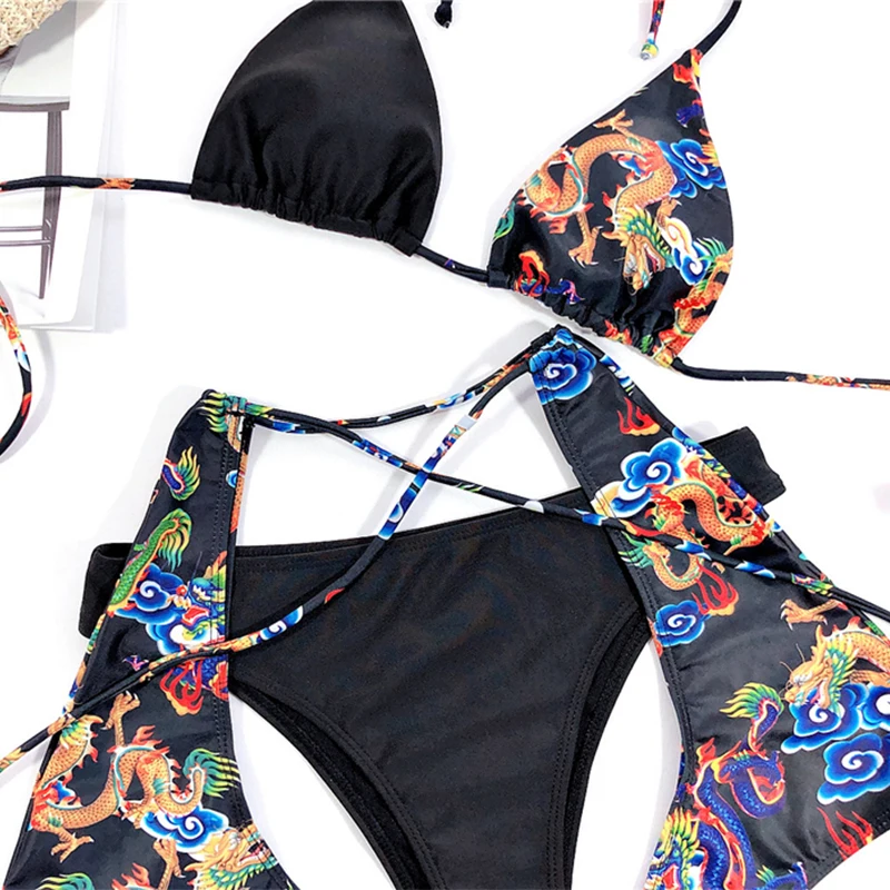 NewAsia Mozaic 3 Bucată De Costume De Baie Halter Bikini 2020 Triunghi Costume De Baie Femei Print Bikini Împinge În Sus Căptușit Bikini Set Beachwear