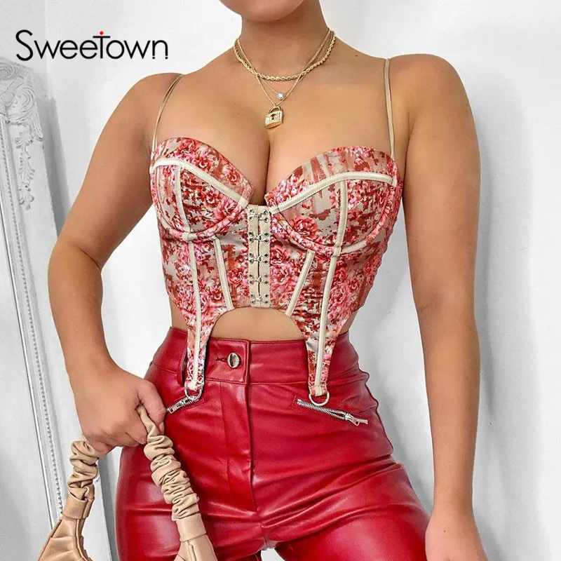 Sweetown Y2K Estetice Epocă Topuri de Corset Pentru Femei de Vară 2021 Floare de Imprimare Drăguț Kawaii Haine fără Mâneci Buton Rezervor de Top