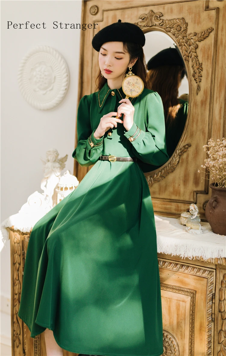 De Înaltă Calitate 2020 Primăvară Toamnă Fierbinte De Vânzare Retro Peter Pan Guler Maneca Lunga Femei Rochie Lunga Cu Centura Verde