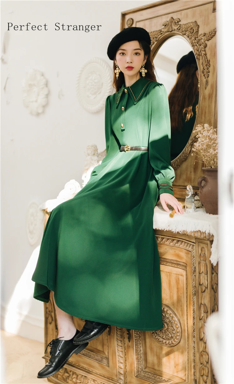 De Înaltă Calitate 2020 Primăvară Toamnă Fierbinte De Vânzare Retro Peter Pan Guler Maneca Lunga Femei Rochie Lunga Cu Centura Verde