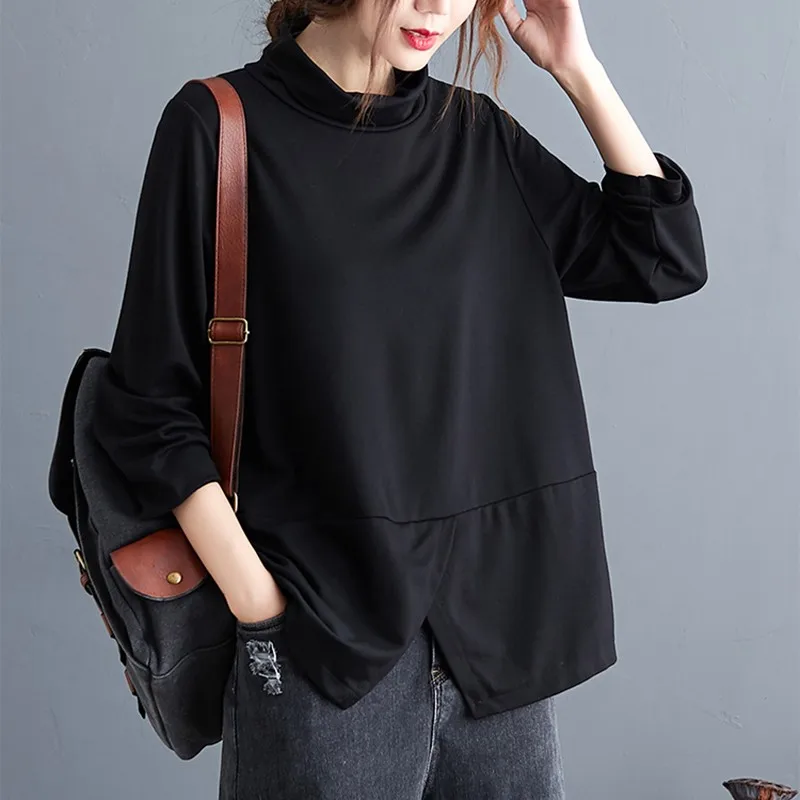 2021 Primăvară Noua Moda coreeană Femei Guler T-Shirt cu Maneca Lunga Top Elegant Tricou Negru Mozaic Plus Dimensiunea Îmbrăcăminte pentru Femei