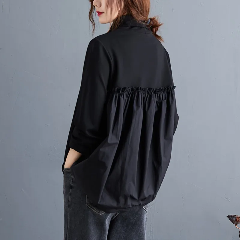 2021 Primăvară Noua Moda coreeană Femei Guler T-Shirt cu Maneca Lunga Top Elegant Tricou Negru Mozaic Plus Dimensiunea Îmbrăcăminte pentru Femei