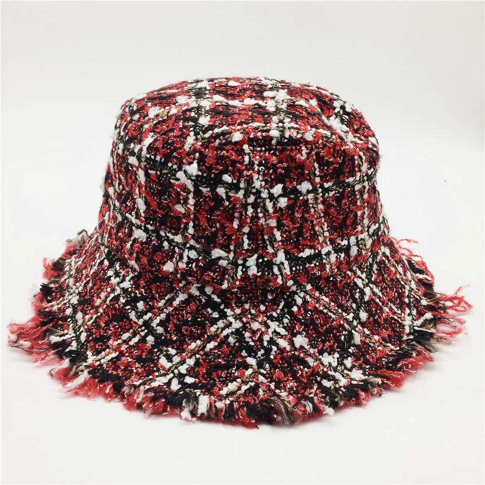 Tweed În Carouri Găleată Pălărie Femei Designer Uzat Refuz Pescar Capac Packable Pălăria De Pescuit Britanice Toamna Franjuri Refuz Pălării Panama