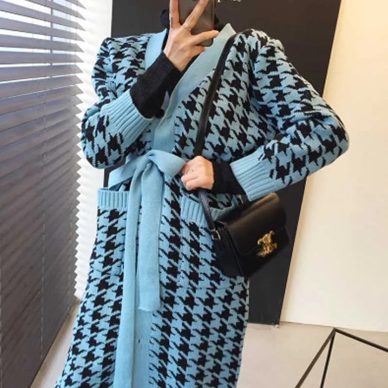 -O Bucată De Femei Houndstooth Tricotate Rochie Pulover Coreea Liber Cardigan Mâneci Lungi Și Sacou 2020 Femei De Iarnă Tricot Rochii