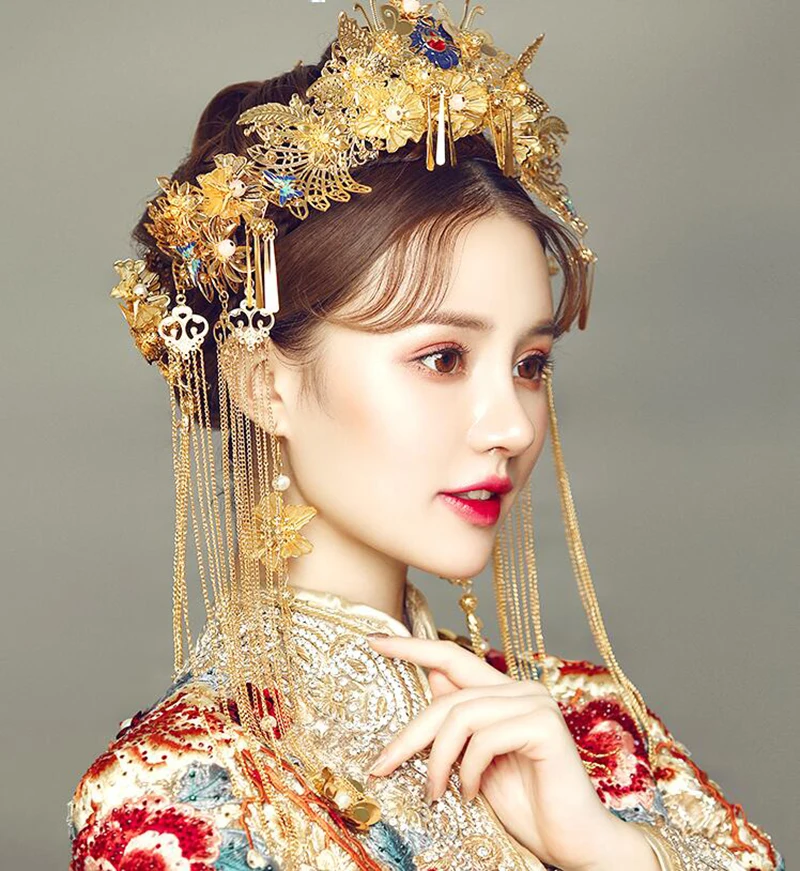 HIMSTORY Eleganta Chineză Nunta Vintage de Mireasa Accesoriu de Păr de Aur Tradiționale Culoare Floare Par Mireasa Piepteni Diademe Hairwear