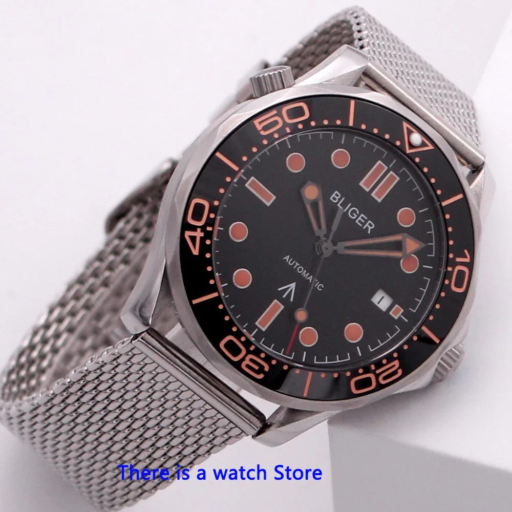 Bliger 41mm Negru de Apelare Automată Mecanice Mens Watch de Brand de Lux Luminos de Sticlă de Safir Funcție de Data 007 Ceas de mână pentru Bărbați
