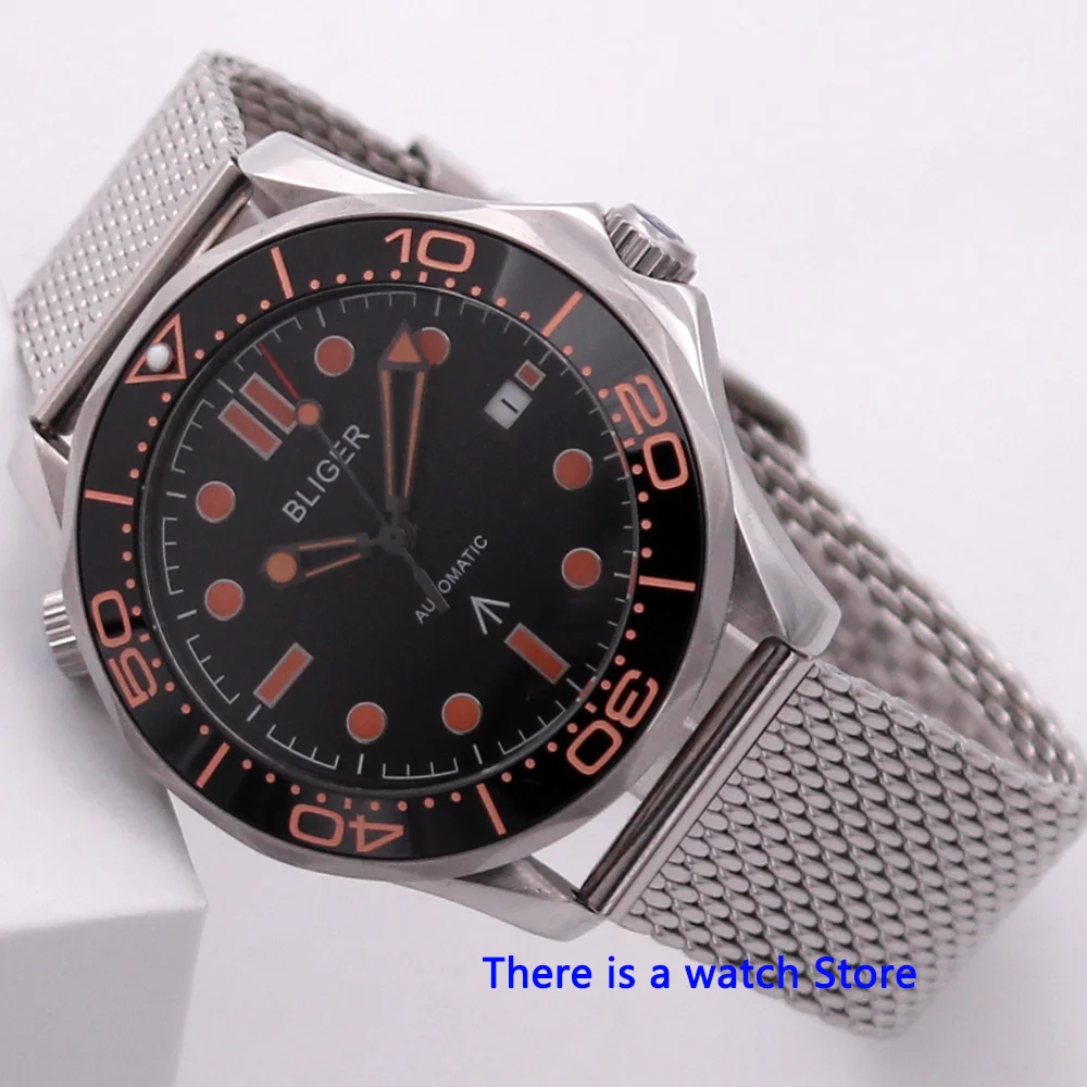 Bliger 41mm Negru de Apelare Automată Mecanice Mens Watch de Brand de Lux Luminos de Sticlă de Safir Funcție de Data 007 Ceas de mână pentru Bărbați