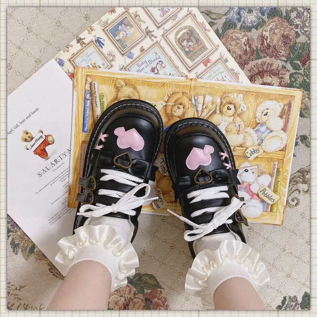 Platforma Lolita Pantofi De Iarna Plus Catifea Caldă Pantofi Flats Mijlocul Toc Pu Kawaii Cosplay Anime Japonez Inima Dulce Bowknot