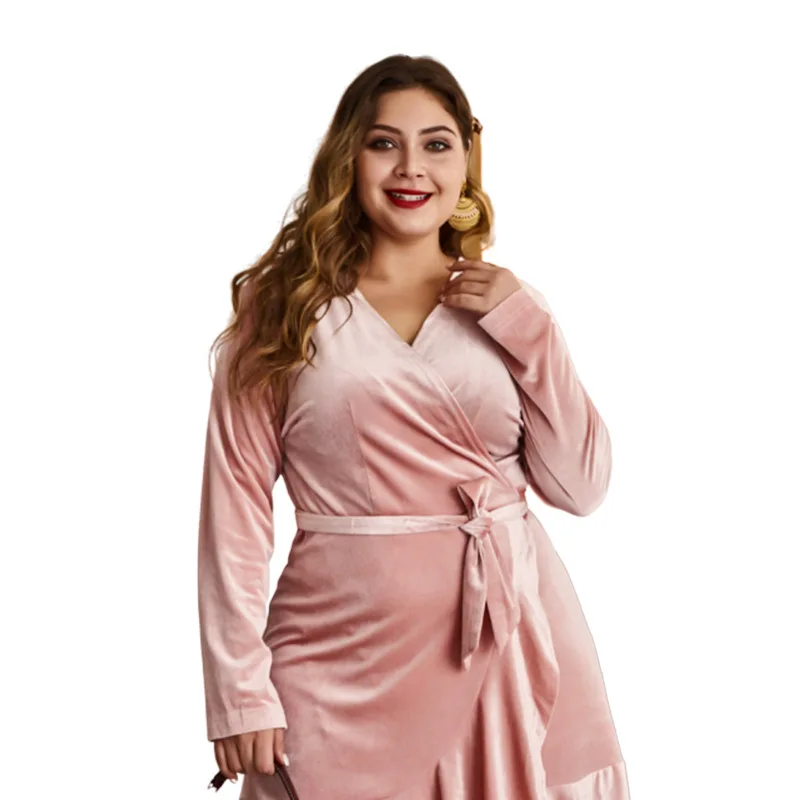 Doamnelor nou toamna iarna plus dimensiunea rochie de petrecere pentru femei mare libertate casual scollop V gât rochii curea roz 4XL 5XL 6XL 7XL