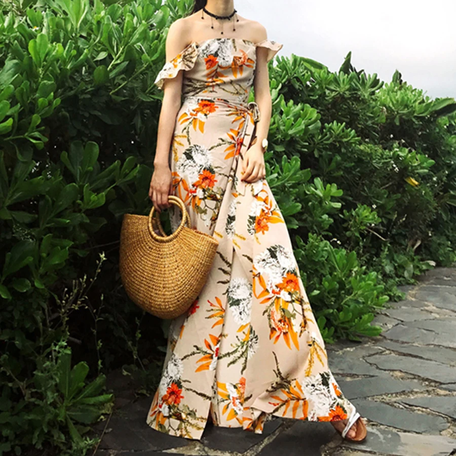 TEELYNN de pe umăr maxi rochii sexy Side split boho rochie imprimeu floral Rochii de vară pe plajă Tigan femei rochie Vestidos