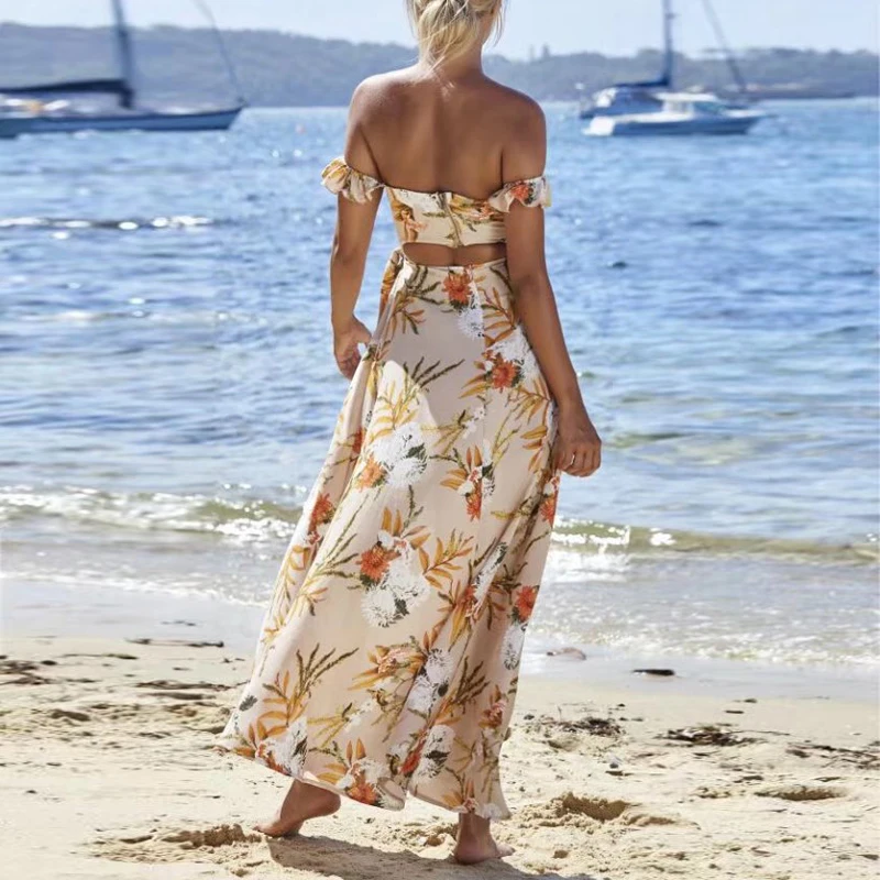 TEELYNN de pe umăr maxi rochii sexy Side split boho rochie imprimeu floral Rochii de vară pe plajă Tigan femei rochie Vestidos