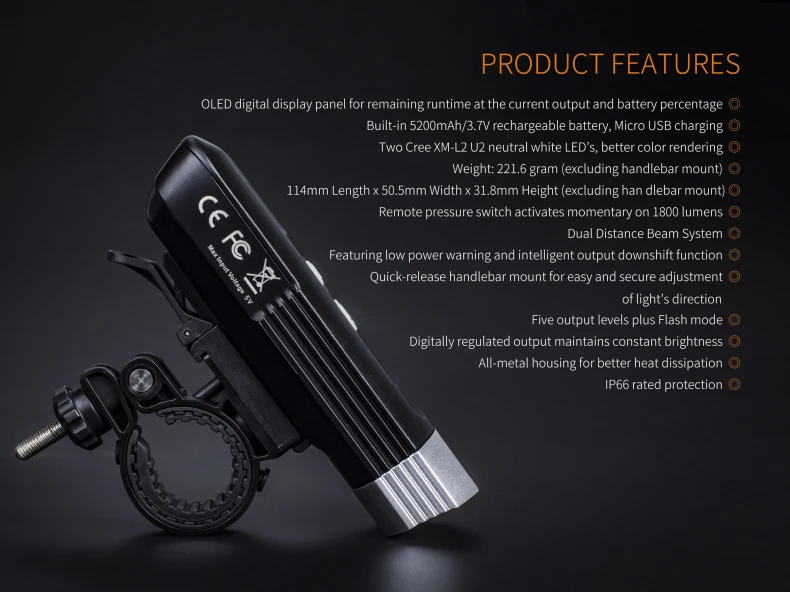 NOU Fenix BC30R Cree XM-L2 U2 LED-uri de înaltă intensitate lumina bicicleta incarcator USB build-in baterie cu litiu ecran OLED transport gratuit