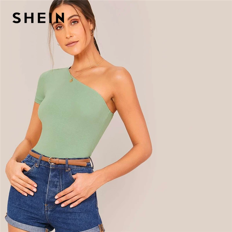 SHEIN Verde pe Un Umăr Subțire Montate Solid Crop Tee Tricou Maneca Scurta pentru Femei de Vară 2020 Sexy Casual Bază Topuri
