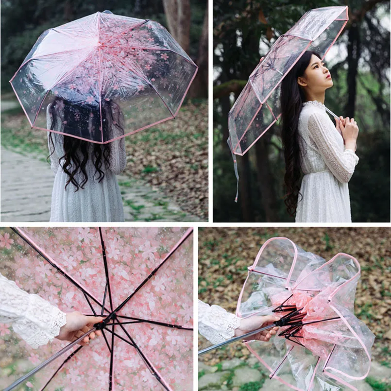 Trei Pliere Transparent Umbrela De Ploaie Pentru Femei Cherry Blossom Ciuperci Apollo Sakura Doamnelor Transparent Umbrele Femei Ploaie Drăguț