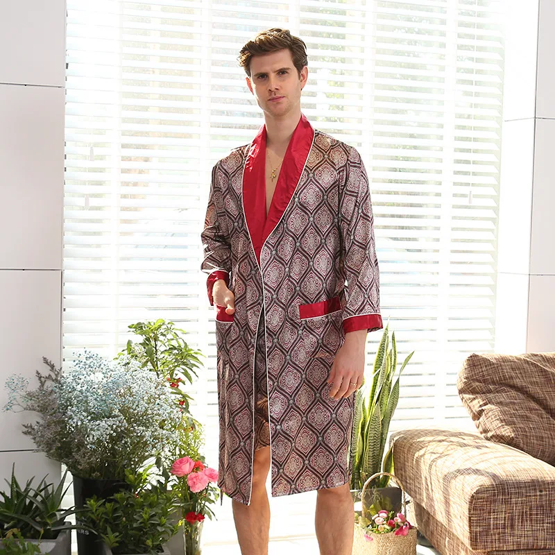 Aur pentru Bărbați Haina din Satin Plin Pijamale Manșon Lung Blând Print Kimono-îmbrăcăminte de noapte, Halat de baie Acasă Halat Supradimensionat 3XL 4XL 5XL