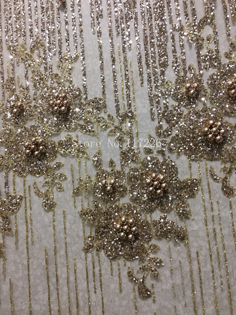Culoare de aur top de vânzare sclipici plasă de material pentru rochie de seara 5 metri speciale JRB-1001 de lipit cu sclipici tesatura dantela cu perle