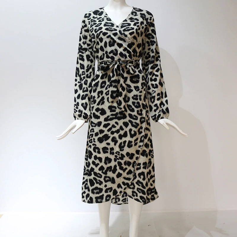 Casual Leopard De Imprimare Șifon Rochie Vintage Felinar Maneca Lunga Femei Midi Streetwear Haine Elegante Vărsat Tiv Tunica Vestidos
