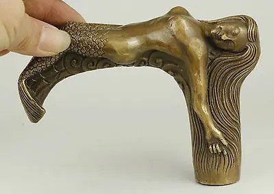 Manual Vechi De Sculptură În Bronz Sirena Statuie Trestie De Cap Stick De Mers Pe Jos