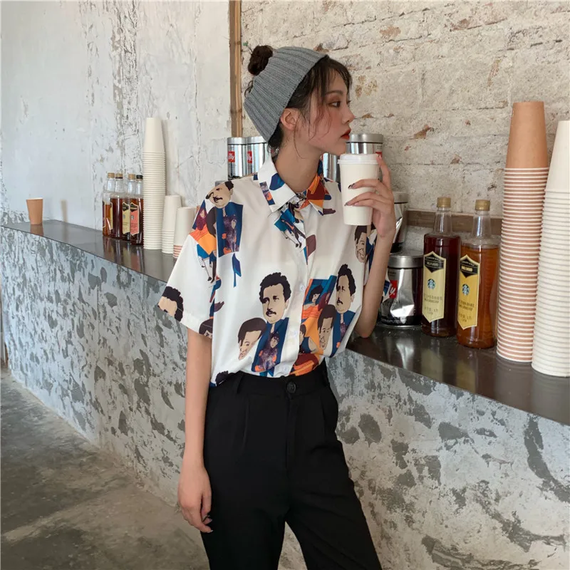 Strada Uzură de Moda coreeană Print Bluza pentru Femei Guler de Turn-down Maneca Scurta Bluze Albe Desene animate de Oameni de Sifon Tricouri Topuri