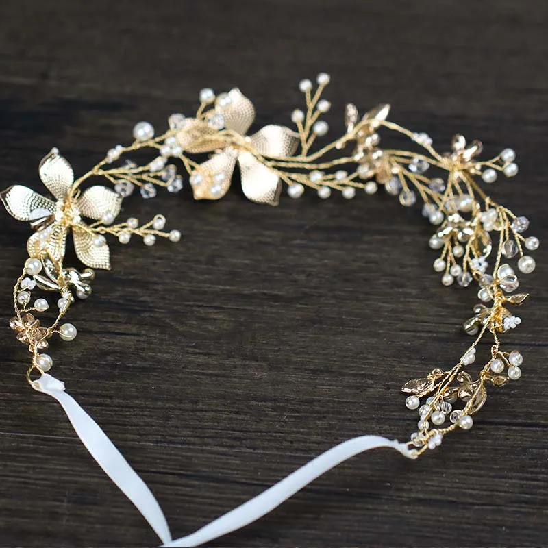 Florale Benzi Pentru Femei foiță de Aur cu Fir de Perle de Cristal Flori Hairband Nunta Coroana de Par de Viță de vie de Mireasa accesorii de Par VL