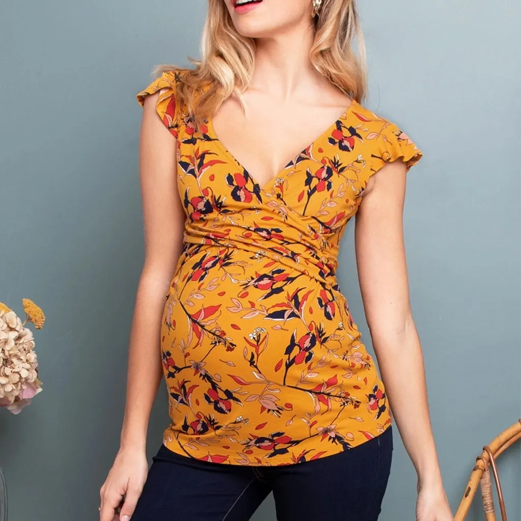 Femei Florale Imprimare de Maternitate Bluze Zburli Gravide Nusring V-neck Short Sleeve Printed Stripe Alăptează Bluza Topuri de Vara