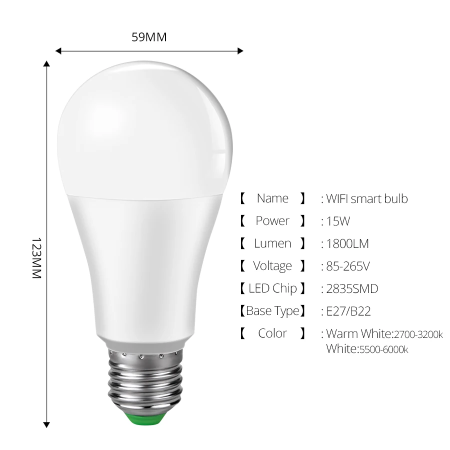 WiFi Lampa 15W Fiolă Smart LED E27 Bec B22 Inteligent ampolleta wifi lampada Alexa Google Asistent Echo Aplicație de Control