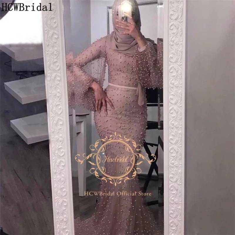 Dusty Rose Musulman Rochie De Seara Cu Maneca Lunga Sirena De Lux Perle Arabă Bal Rochie Plus Dimensiune Femei Formale Rochii De Ocazie